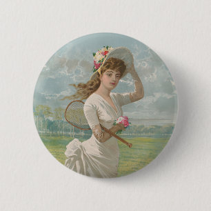 Viktorianische Tennisdame mit Blütenhut Antik Button