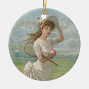 Viktorianische Tennisdame mit Blütenhut Antik Keramik Ornament