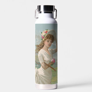 Viktorianische Tennisdame mit Blütenhut Antik Trinkflasche