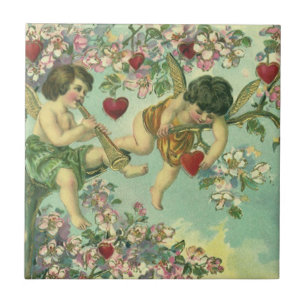 Viktorianische Valentinstag-Cupids Vintage-Herzbau Fliese