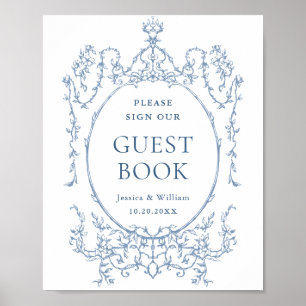 Viktorianische Verzierte Dusty Blue Floral Gästebu Poster