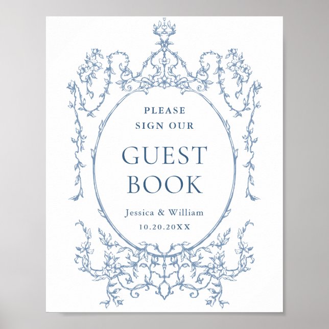 Viktorianische Verzierte Dusty Blue Floral Gästebu Poster (Vorne)
