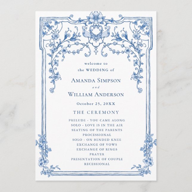 Viktorianische Verzierte Grace Dusty Blue Hochzeit Programm (Vorderseite)