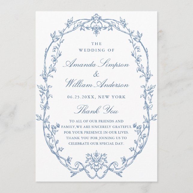 Viktorianische Verzierte Grace Dusty Blue Hochzeit Programm (Vorderseite)