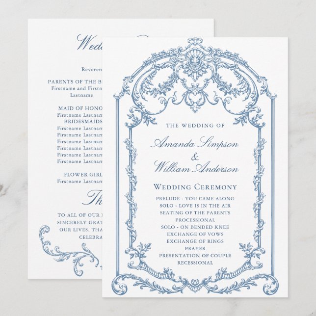 Viktorianische Verzierte Grace Dusty Blue Hochzeit Programm (Vorne/Hinten)