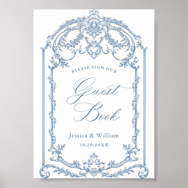 Viktorianische Verzierte Grace Floral Blue Gästebu Poster (Vorne)