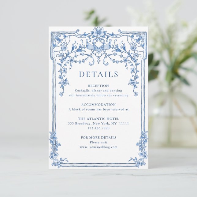 Viktorianische Verzierte Grace Floral Blue Hochzei Begleitkarte (Stehend Vorderseite)