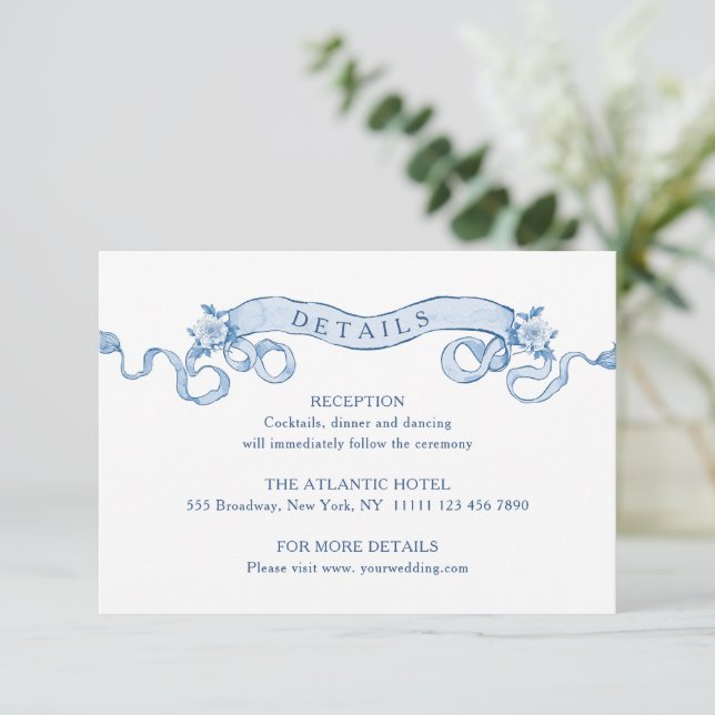 Viktorianische Verzierte Grace Floral Blue Hochzei Begleitkarte (Stehend Vorderseite)