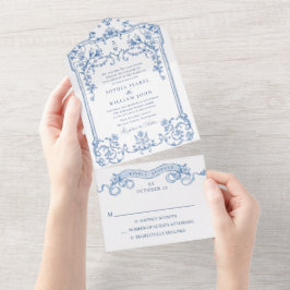 Viktorianische Verzierte Grace Floral Dusty Blue W All In One Einladung