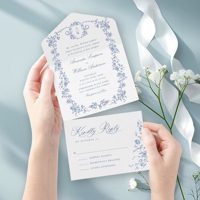 Viktorianische Verzierte Grace Floral Dusty Blue W All In One Einladung (Von Creator hochgeladen)