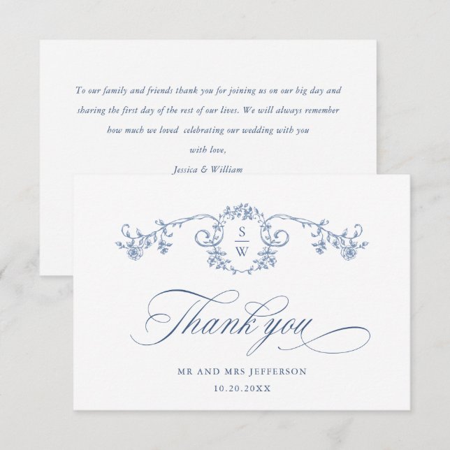 Viktorianische Verzierte Grace Floral Dusty Blue W Dankeskarte (Vorne/Hinten)