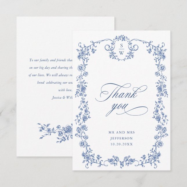 Viktorianische Verzierte Grace Floral Dusty Blue W Dankeskarte (Vorne/Hinten)