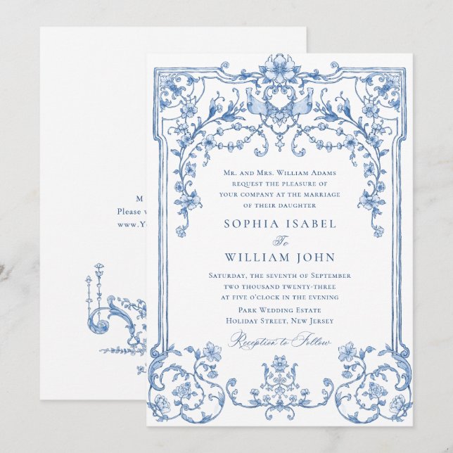Viktorianische Verzierte Grace Floral Dusty Blue W Einladung (Vorne/Hinten)