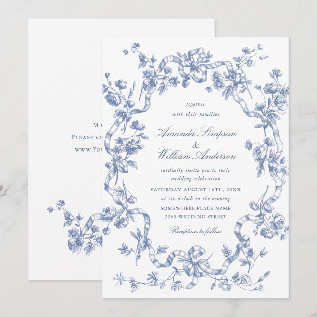 Viktorianische Verzierte Grace Floral Dusty Blue W Einladung (Vorne/Hinten)