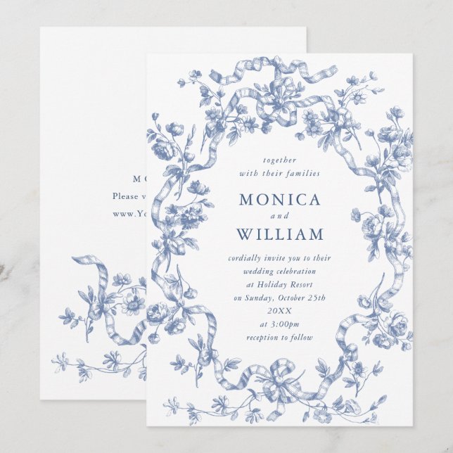 Viktorianische Verzierte Grace Floral Dusty Blue W Einladung (Vorne/Hinten)