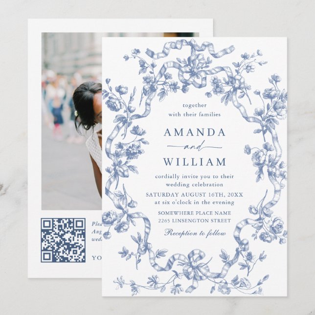 Viktorianische Verzierte Grace Floral Dusty Blue W Einladung (Vorne/Hinten)