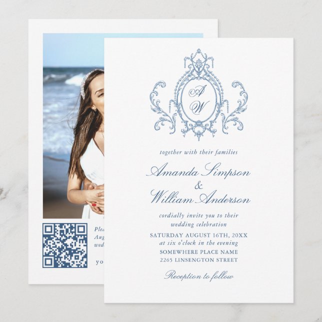 Viktorianische Verzierte Grace Floral Dusty Blue W Einladung (Vorne/Hinten)