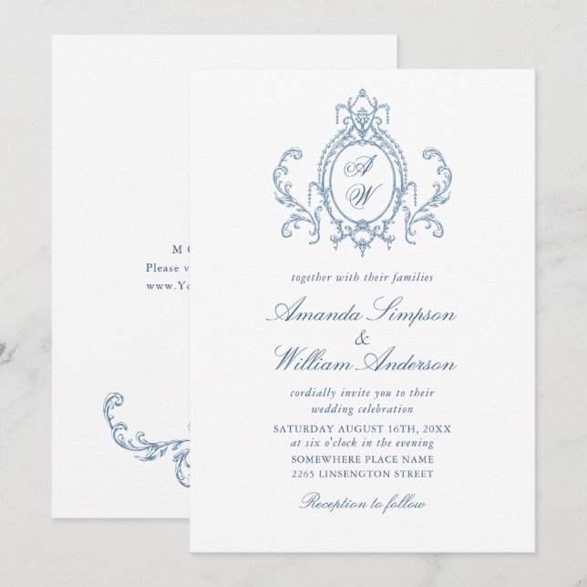 Viktorianische Verzierte Grace Floral Dusty Blue W Einladung (Vorne/Hinten)