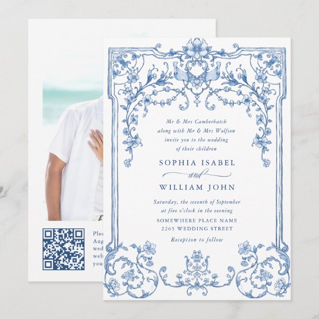 Viktorianische Verzierte Grace Floral Dusty Blue W Einladung (Vorne/Hinten)