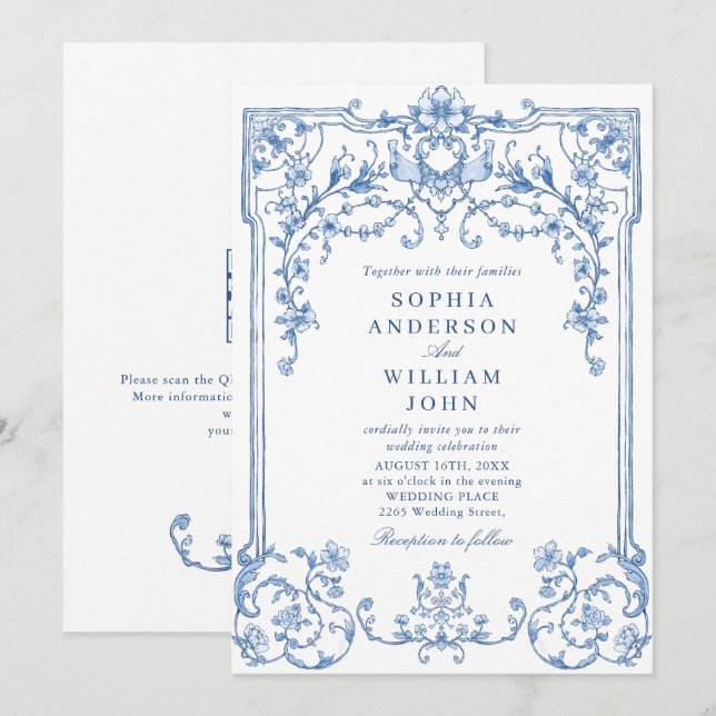 Viktorianische Verzierte Grace Floral Dusty Blue W Einladung (Vorne/Hinten)