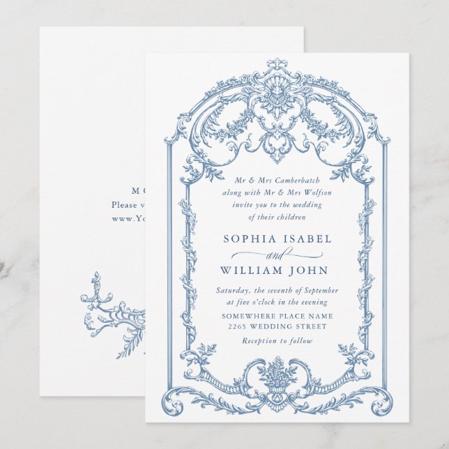 Viktorianische Verzierte Grace Floral Dusty Blue W Einladung (Vorne/Hinten)
