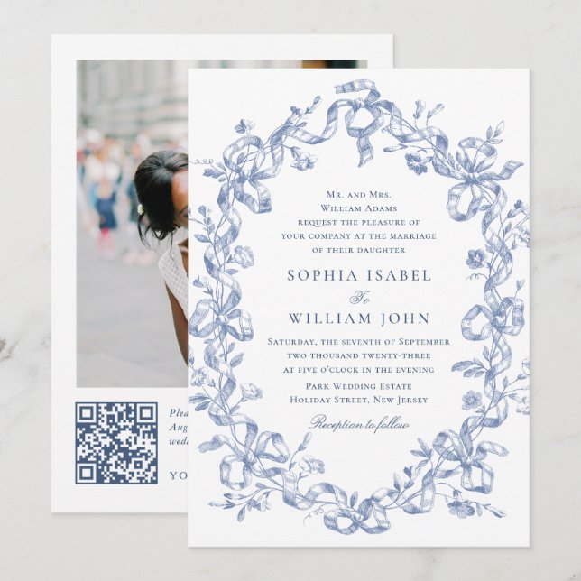 Viktorianische Verzierte Grace Floral Dusty Blue W Einladung (Vorne/Hinten)
