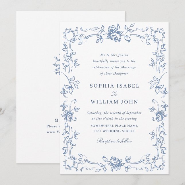 Viktorianische Verzierte Grace Floral Dusty Blue W Einladung (Vorne/Hinten)