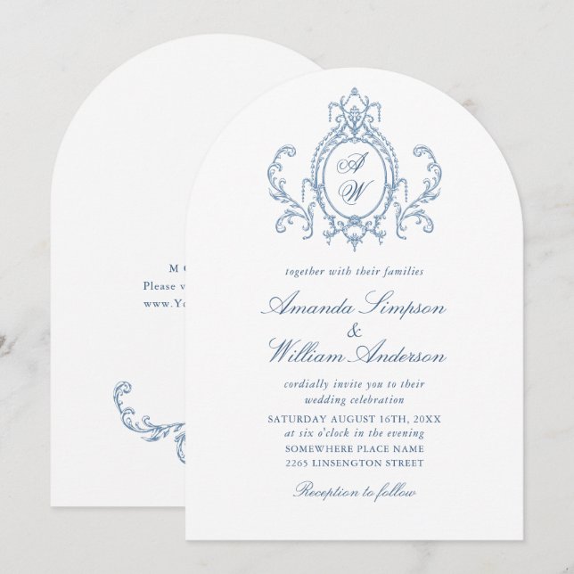 Viktorianische Verzierte Grace Floral Dusty Blue W Einladung (Vorne/Hinten)