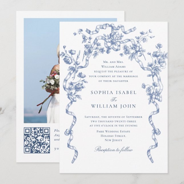 Viktorianische Verzierte Grace Floral Dusty Blue W Einladung (Vorne/Hinten)