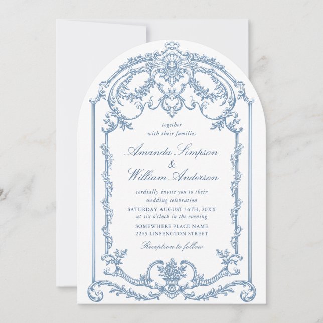 Viktorianische Verzierte Grace Floral Dusty Blue W Einladung (Vorderseite)