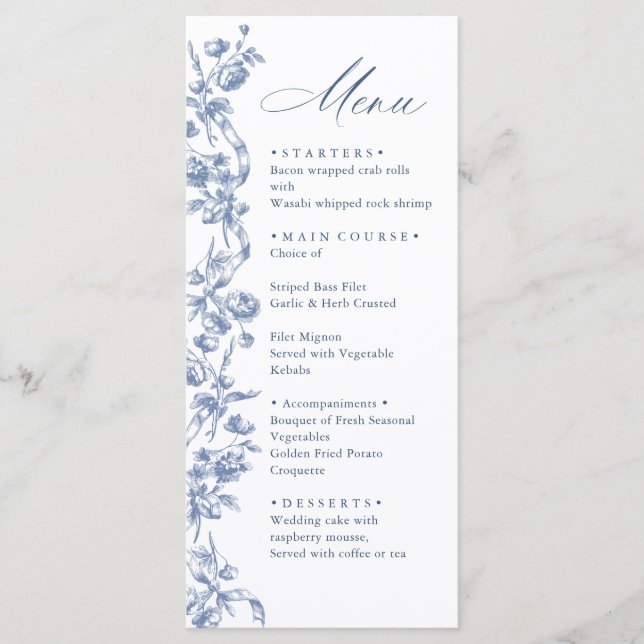 Viktorianische Verzierte Grace Floral Dusty Blue W Menükarte (Vorderseite)