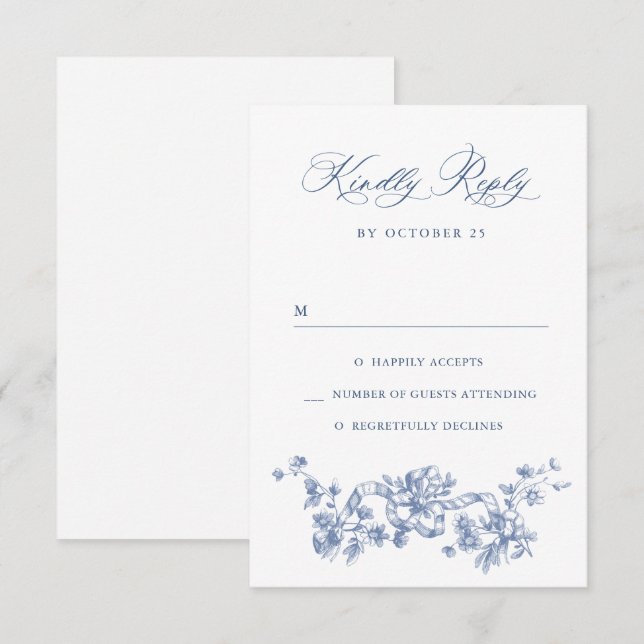 Viktorianische Verzierte Grace Floral Dusty Blue W RSVP Karte (Vorne/Hinten)