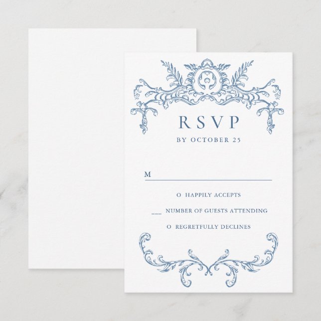 Viktorianische Verzierte Grace Floral Dusty Blue W RSVP Karte (Vorne/Hinten)