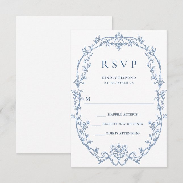Viktorianische Verzierte Grace Floral Dusty Blue W RSVP Karte (Vorne/Hinten)