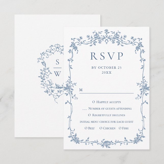 Viktorianische Verzierte Grace Floral Dusty Blue W RSVP Karte (Vorne/Hinten)