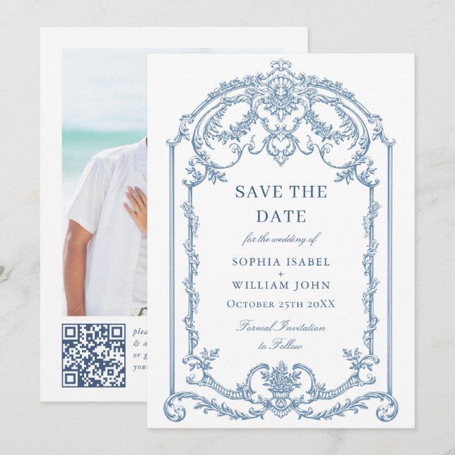 Viktorianische Verzierte Grace Floral Dusty Blue W Save The Date (Vorne/Hinten)