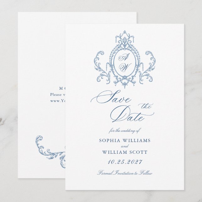 Viktorianische Verzierte Grace Floral Dusty Blue W Save The Date (Vorne/Hinten)