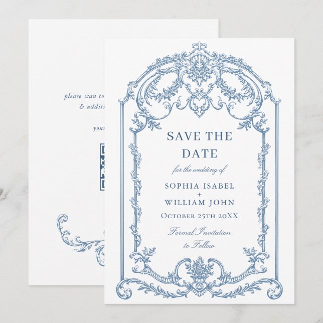 Viktorianische Verzierte Grace Floral Dusty Blue W Save The Date (Vorne/Hinten)