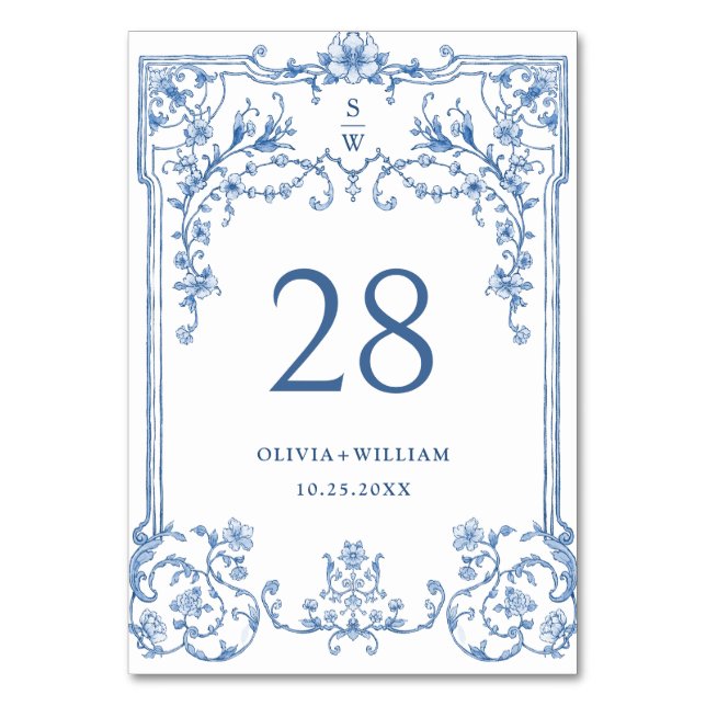 Viktorianische Verzierte Grace Floral Dusty Blue W Tischnummer (Vorderseite)