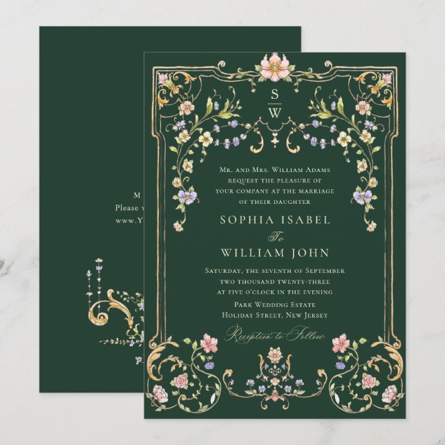 Viktorianische Verzierte Grace Floral Frame Weddin Einladung (Vorne/Hinten)