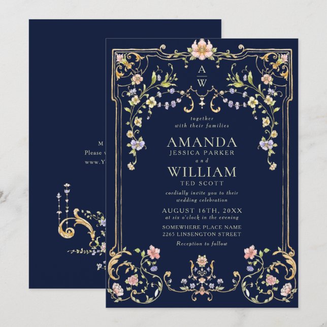 Viktorianische Verzierte Grace Floral Frame Weddin Einladung (Vorne/Hinten)