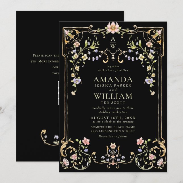 Viktorianische Verzierte Grace Floral Frame Weddin Einladung (Vorne/Hinten)