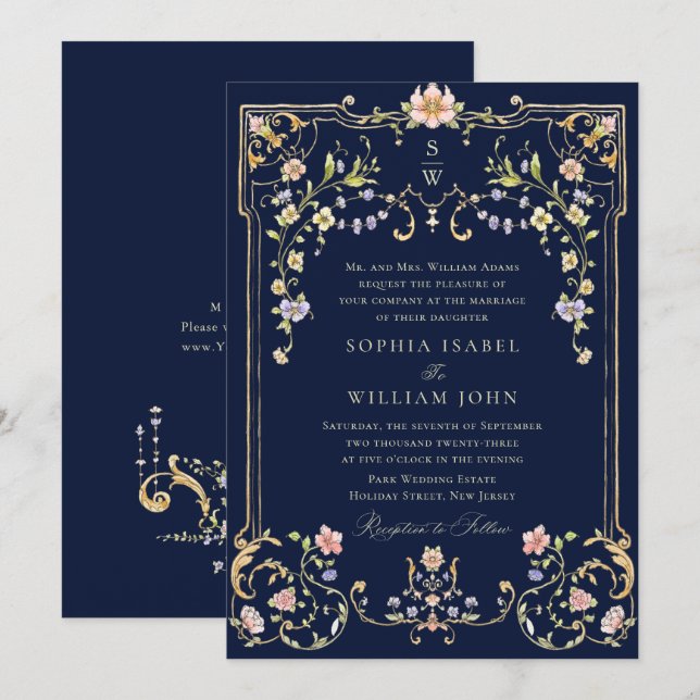 Viktorianische Verzierte Grace Floral Frame Weddin Einladung (Vorne/Hinten)