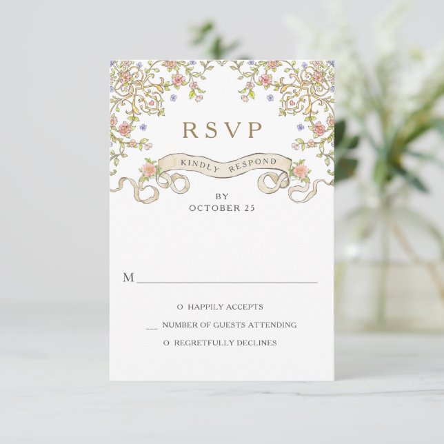 Viktorianische Verzierte Grace Floral Frame Weddin RSVP Karte (Stehend Vorderseite)