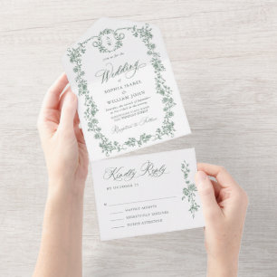 Viktorianische Verzierte Grace Floral Sage Grüne H All In One Einladung