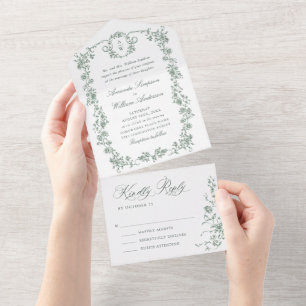 Viktorianische Verzierte Grace Floral Sage Grüne H All In One Einladung