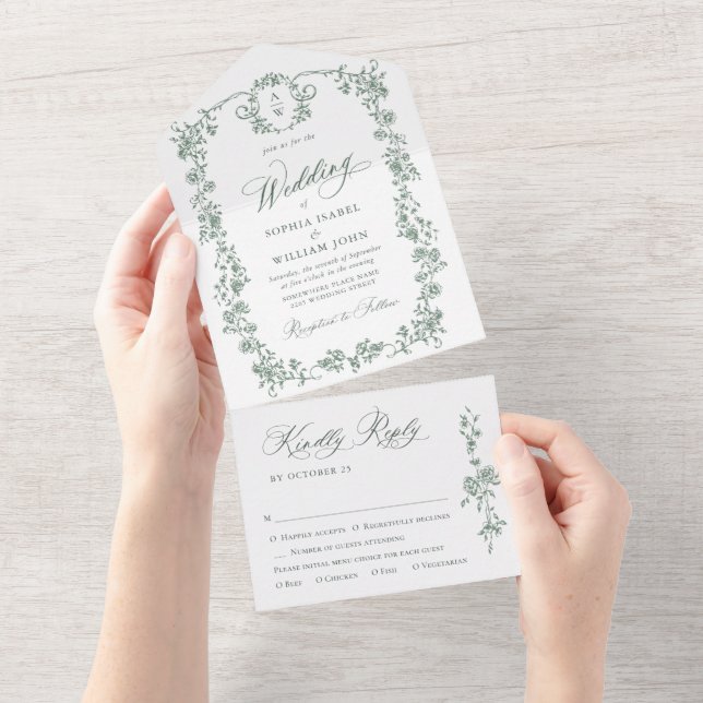 Viktorianische Verzierte Grace Floral Sage Grüne H All In One Einladung (Abreißen)