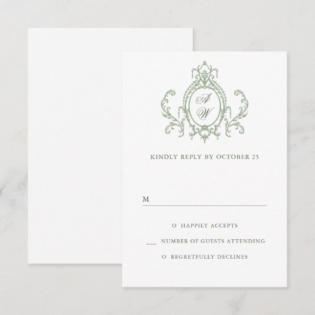Viktorianische Verzierte Grace Floral Sage Grüne H RSVP Karte (Vorne/Hinten)
