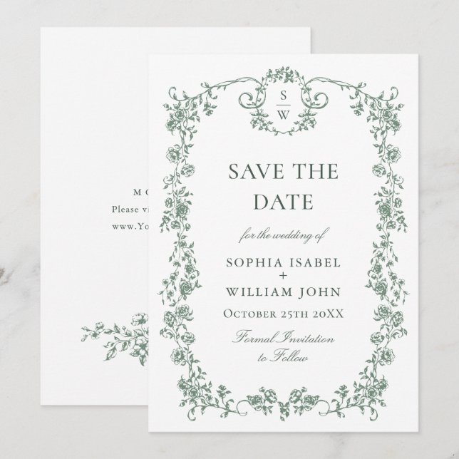 Viktorianische Verzierte Grace Floral Sage Grüne H Save The Date (Vorne/Hinten)