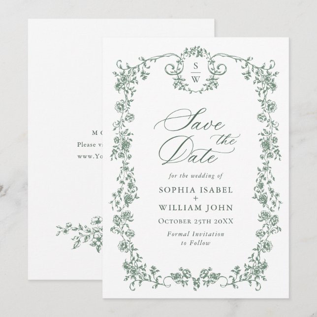 Viktorianische Verzierte Grace Floral Sage Grüne H Save The Date (Vorne/Hinten)